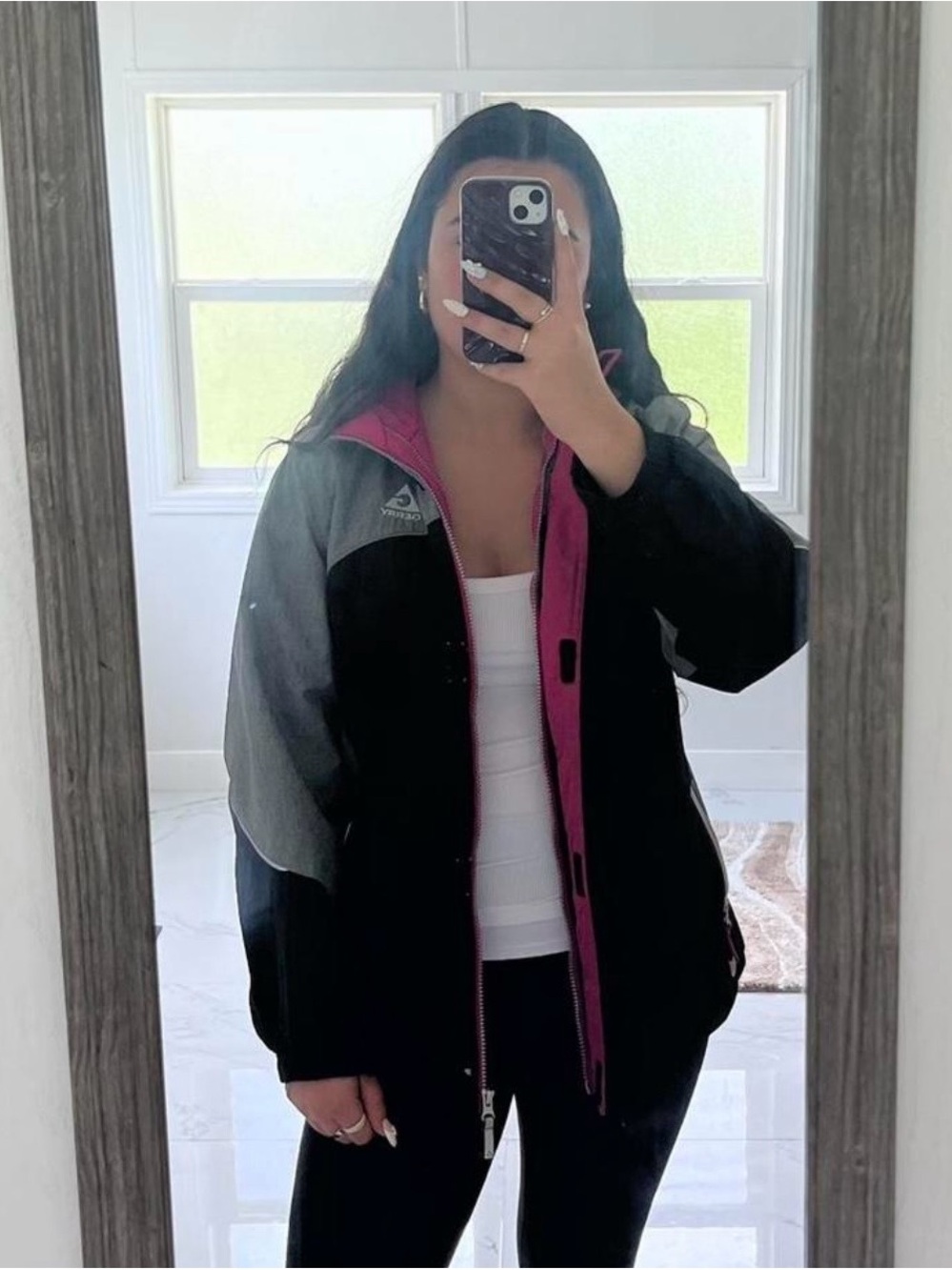 Black & Gray Women's Colorblock Winter Coat with Pink Lining